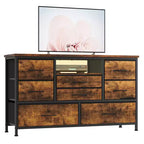 Meuble TV 8 tiroirs pour téléviseurs 55 pouces - Console média avec lumières réglables et plateau en bois, commode longue pour rangement de chambre et de salon
