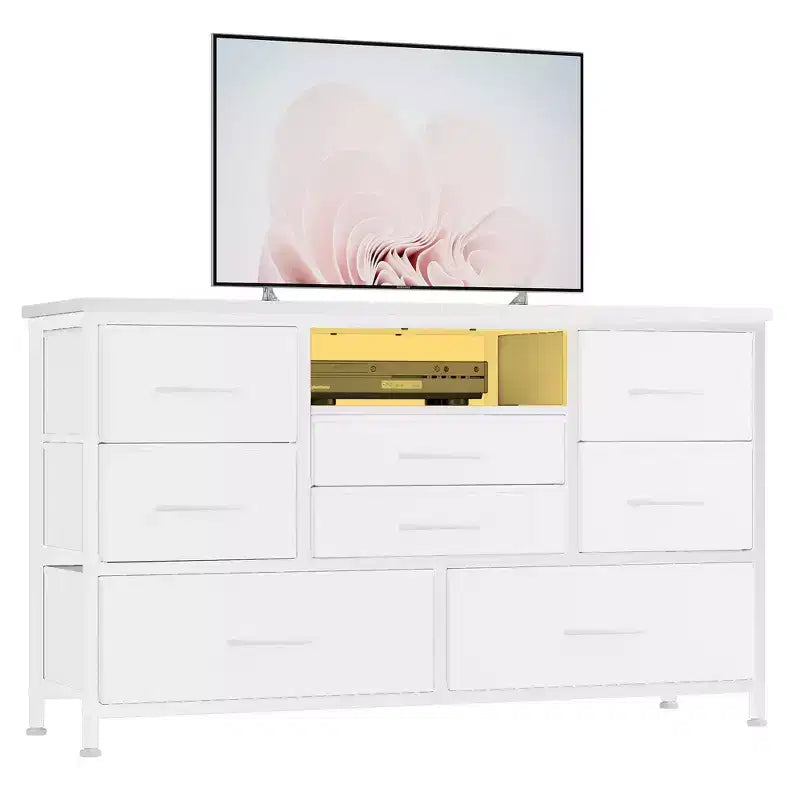 Meuble TV 8 tiroirs pour téléviseurs 55 pouces - Console média avec lumières réglables et plateau en bois, commode longue pour rangement de chambre et de salon