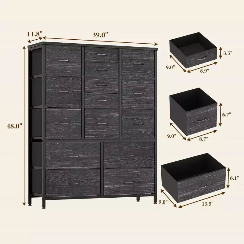 Commode en tissu à 15 tiroirs, 122 cm de haut - Tour de rangement avec cadre en acier et plateau en bois pour chambre, dressing, salon