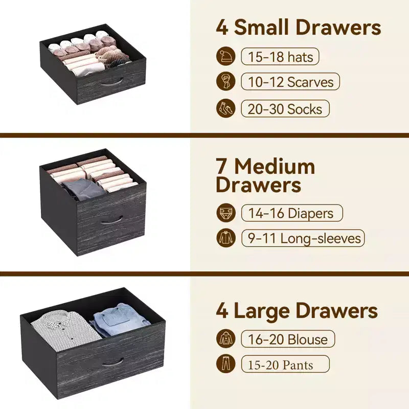 Commode en tissu à 15 tiroirs, 122 cm de haut - Tour de rangement avec cadre en acier et plateau en bois pour chambre, dressing, salon