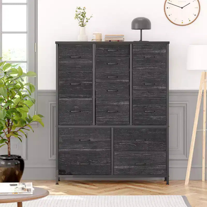 Commode en tissu à 15 tiroirs, 122 cm de haut - Tour de rangement avec cadre en acier et plateau en bois pour chambre, dressing, salon