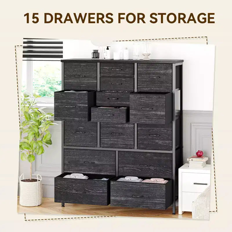 Commode en tissu à 15 tiroirs, 122 cm de haut - Tour de rangement avec cadre en acier et plateau en bois pour chambre, dressing, salon
