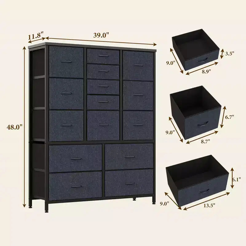 Commode en tissu à 15 tiroirs, 122 cm de haut - Tour de rangement avec cadre en acier et plateau en bois pour chambre, dressing, salon