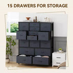 Commode en tissu à 15 tiroirs, 122 cm de haut - Tour de rangement avec cadre en acier et plateau en bois pour chambre, dressing, salon