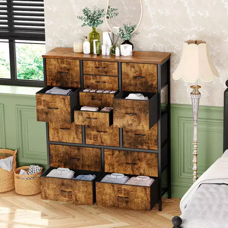 Commode en tissu à 15 tiroirs, 122 cm de haut - Tour de rangement avec cadre en acier et plateau en bois pour chambre, dressing, salon
