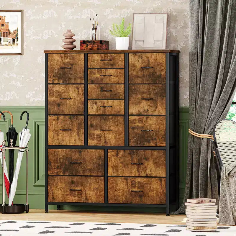 Commode en tissu à 15 tiroirs, 122 cm de haut - Tour de rangement avec cadre en acier et plateau en bois pour chambre, dressing, salon
