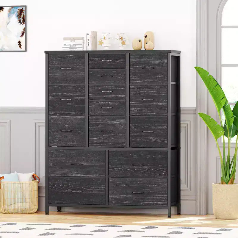 Commode en tissu à 15 tiroirs, 122 cm de haut - Tour de rangement avec cadre en acier et plateau en bois pour chambre, dressing, salon