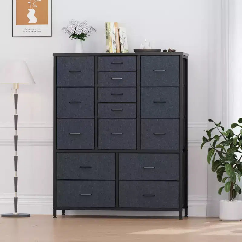Commode en tissu à 15 tiroirs, 122 cm de haut - Tour de rangement avec cadre en acier et plateau en bois pour chambre, dressing, salon