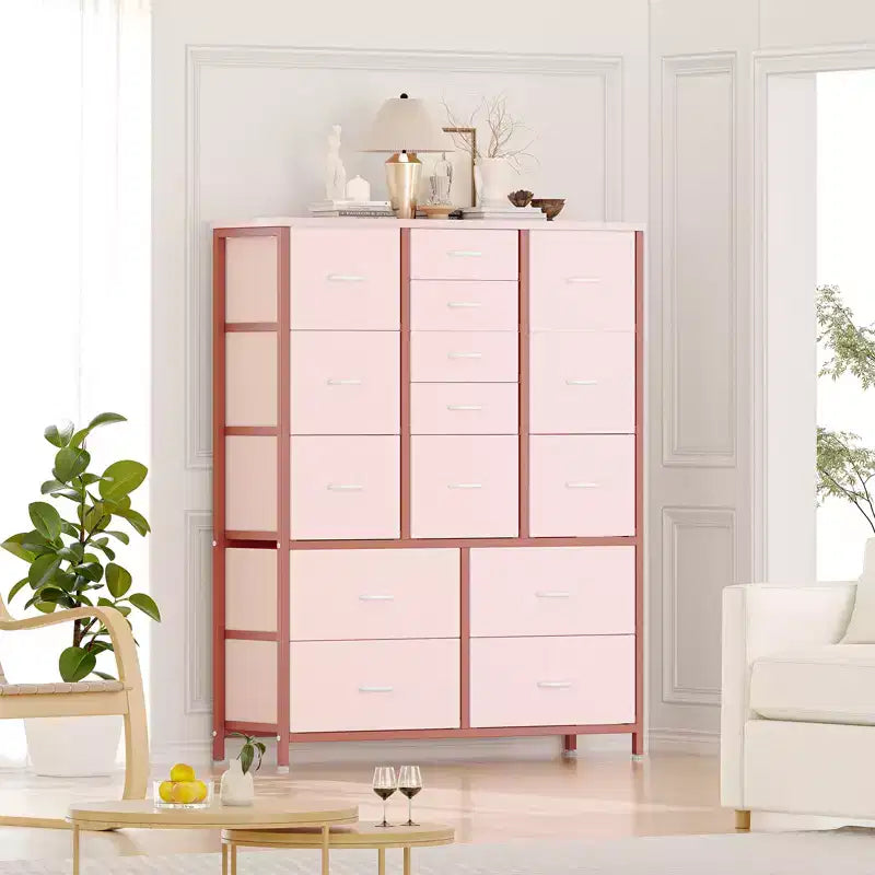 Commode en tissu à 15 tiroirs, 122 cm de haut - Tour de rangement avec cadre en acier et plateau en bois pour chambre, dressing, salon