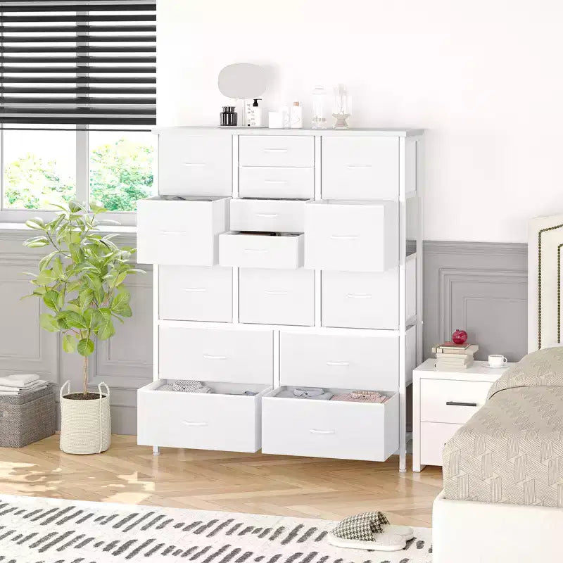 Commode en tissu à 15 tiroirs, 122 cm de haut - Tour de rangement avec cadre en acier et plateau en bois pour chambre, dressing, salon