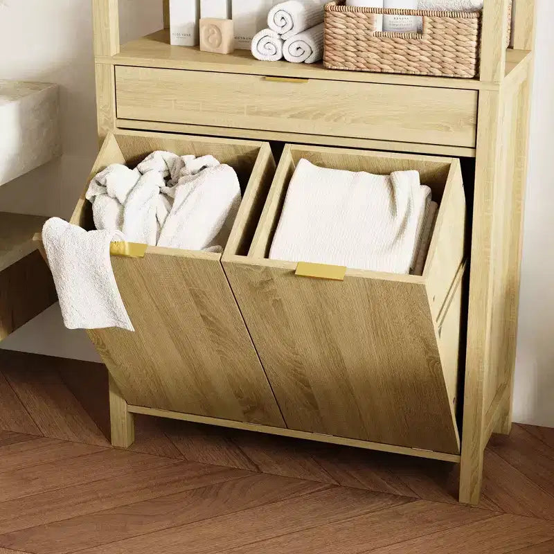Tour de salle de bain et de buanderie en bois naturel Famapy avec tiroir et étagères ouvertes, paniers inclinables, armoire de rangement pour salle de bain et buanderie