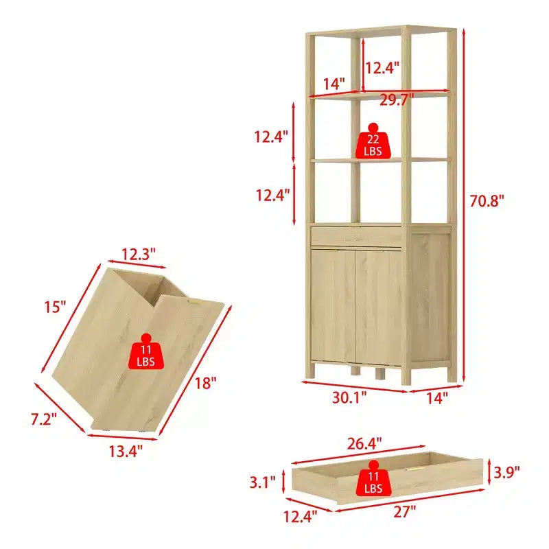 Tour de salle de bain et de buanderie en bois naturel Famapy avec tiroir et étagères ouvertes, paniers inclinables, armoire de rangement pour salle de bain et buanderie