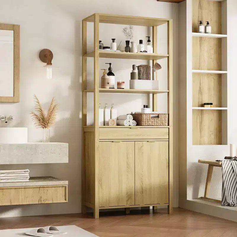 Tour de salle de bain et de buanderie en bois naturel Famapy avec tiroir et étagères ouvertes, paniers inclinables, armoire de rangement pour salle de bain et buanderie