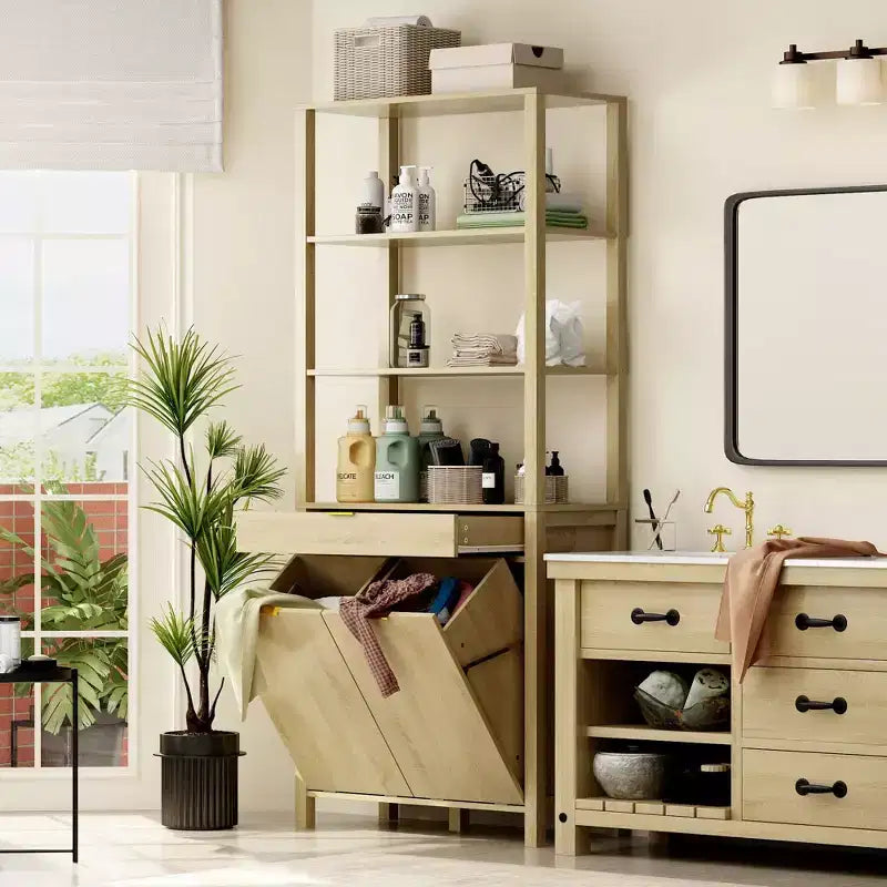 Tour de salle de bain et de buanderie en bois naturel Famapy avec tiroir et étagères ouvertes, paniers inclinables, armoire de rangement pour salle de bain et buanderie