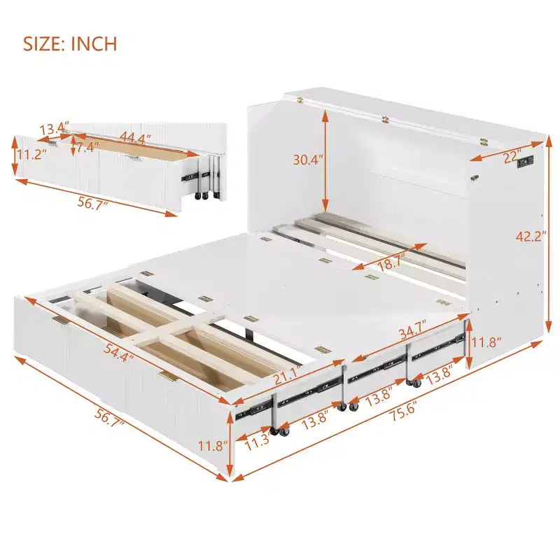Lit escamotable mural Murphy double/grand avec tiroirs de rangement, lit armoire Murphy compact avec port USB pour chambre d'amis, structure à poulies, gris