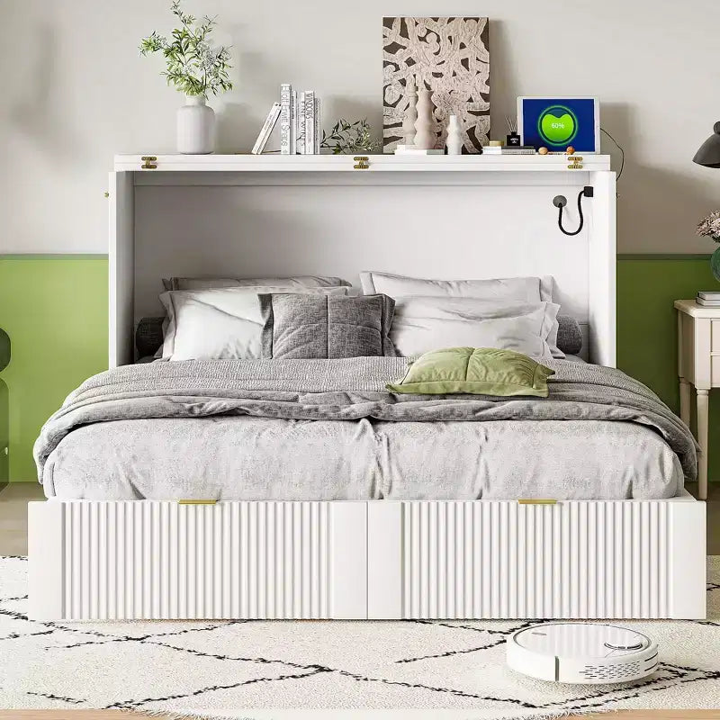 Lit escamotable mural Murphy double/grand avec tiroirs de rangement, lit armoire Murphy compact avec port USB pour chambre d'amis, structure à poulies, gris