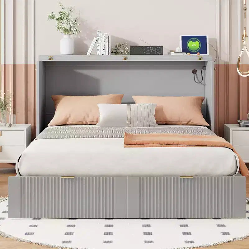 Lit escamotable mural Murphy double/grand avec tiroirs de rangement, lit armoire Murphy compact avec port USB pour chambre d'amis, structure à poulies, gris
