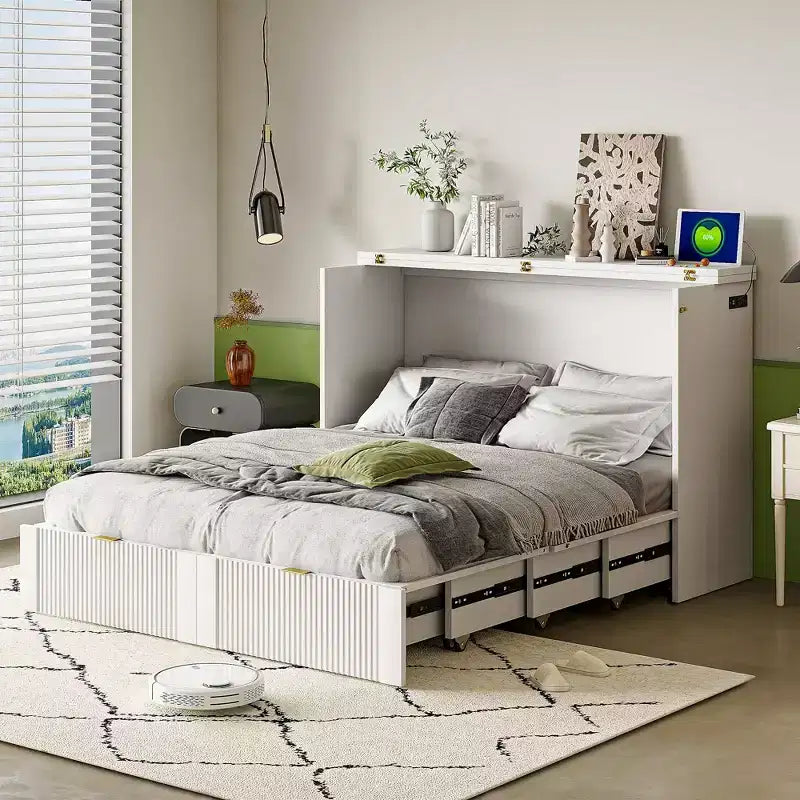 Lit escamotable mural Murphy double/grand avec tiroirs de rangement, lit armoire Murphy compact avec port USB pour chambre d'amis, structure à poulies, gris
