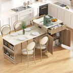 Okak Fluted Kitchen Island with Extendable Table, Countertop Organizer with Power Outlet and Double-Side Storage, Kitchen Cart for Dining Room