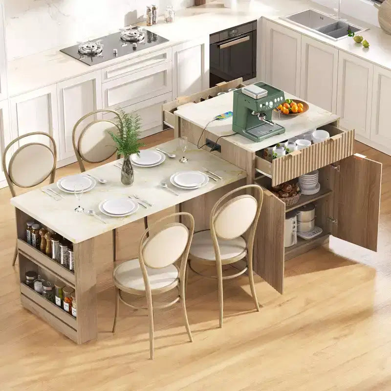 Okak Fluted Kitchen Island with Extendable Table, Countertop Organizer with Power Outlet and Double-Side Storage, Kitchen Cart for Dining Room
