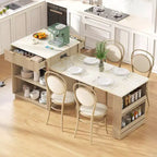 Okak Fluted Kitchen Island with Extendable Table, Countertop Organizer with Power Outlet and Double-Side Storage, Kitchen Cart for Dining Room