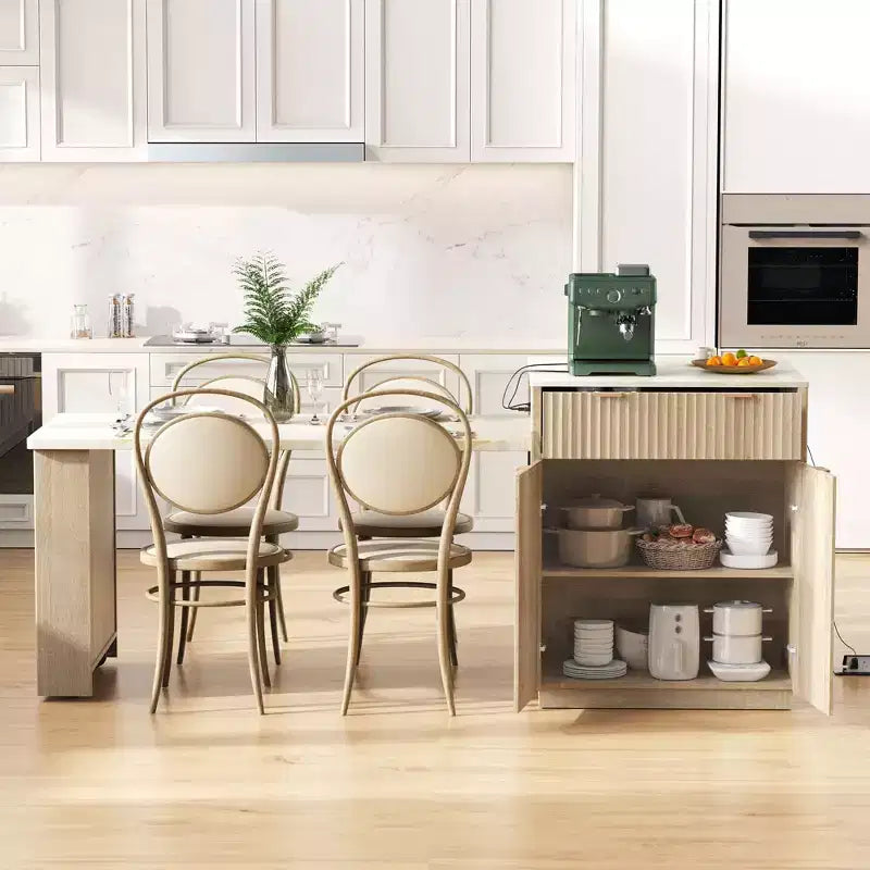 Okak Fluted Kitchen Island with Extendable Table, Countertop Organizer with Power Outlet and Double-Side Storage, Kitchen Cart for Dining Room