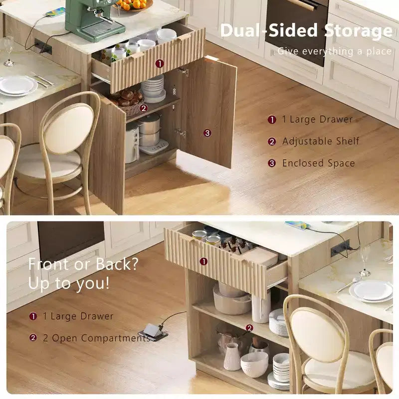 Okak Fluted Kitchen Island with Extendable Table, Countertop Organizer with Power Outlet and Double-Side Storage, Kitchen Cart for Dining Room