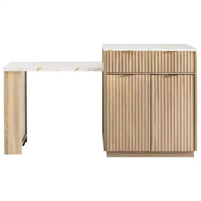 Okak Fluted Kitchen Island with Extendable Table, Countertop Organizer with Power Outlet and Double-Side Storage, Kitchen Cart for Dining Room