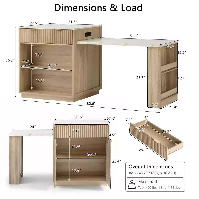 Okak Fluted Kitchen Island with Extendable Table, Countertop Organizer with Power Outlet and Double-Side Storage, Kitchen Cart for Dining Room