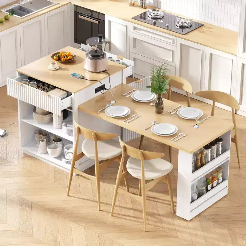 Okak Fluted Kitchen Island with Extendable Table, Countertop Organizer with Power Outlet and Double-Side Storage, Kitchen Cart for Dining Room