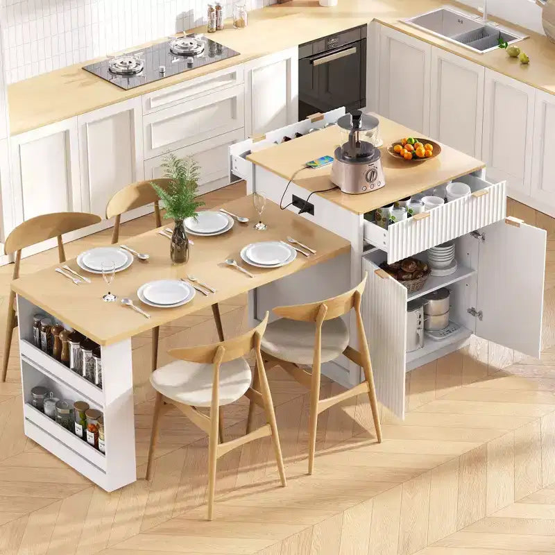 Okak Fluted Kitchen Island with Extendable Table, Countertop Organizer with Power Outlet and Double-Side Storage, Kitchen Cart for Dining Room