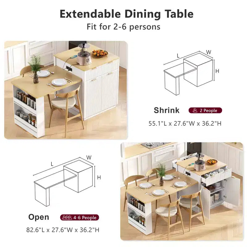 Okak Fluted Kitchen Island with Extendable Table, Countertop Organizer with Power Outlet and Double-Side Storage, Kitchen Cart for Dining Room
