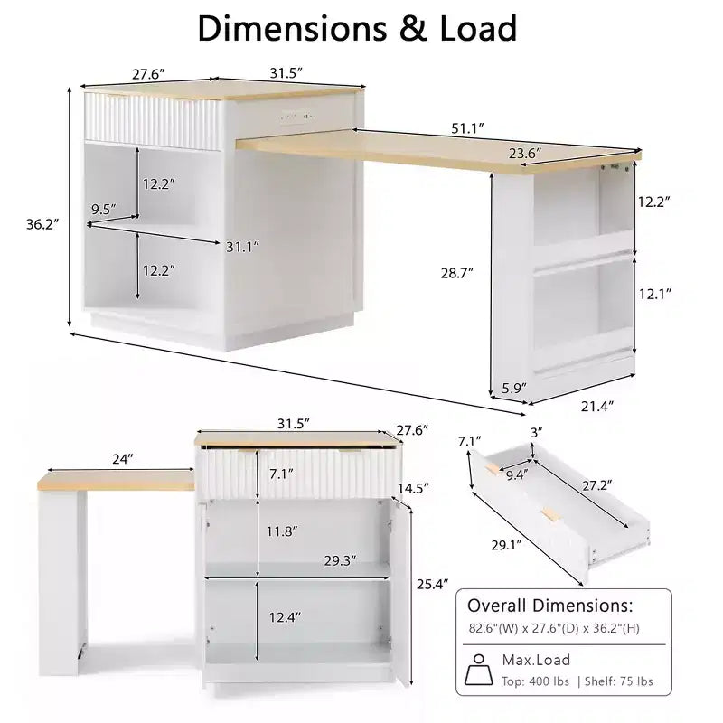 Okak Fluted Kitchen Island with Extendable Table, Countertop Organizer with Power Outlet and Double-Side Storage, Kitchen Cart for Dining Room
