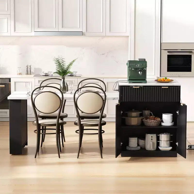 Okak Fluted Kitchen Island with Extendable Table, Countertop Organizer with Power Outlet and Double-Side Storage, Kitchen Cart for Dining Room