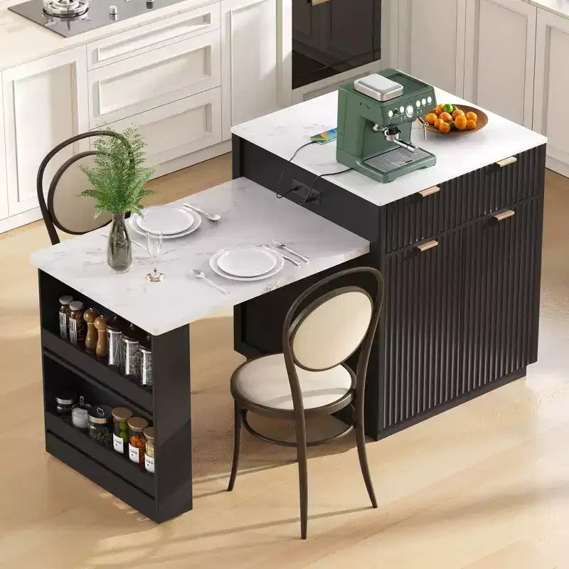 Okak Fluted Kitchen Island with Extendable Table, Countertop Organizer with Power Outlet and Double-Side Storage, Kitchen Cart for Dining Room