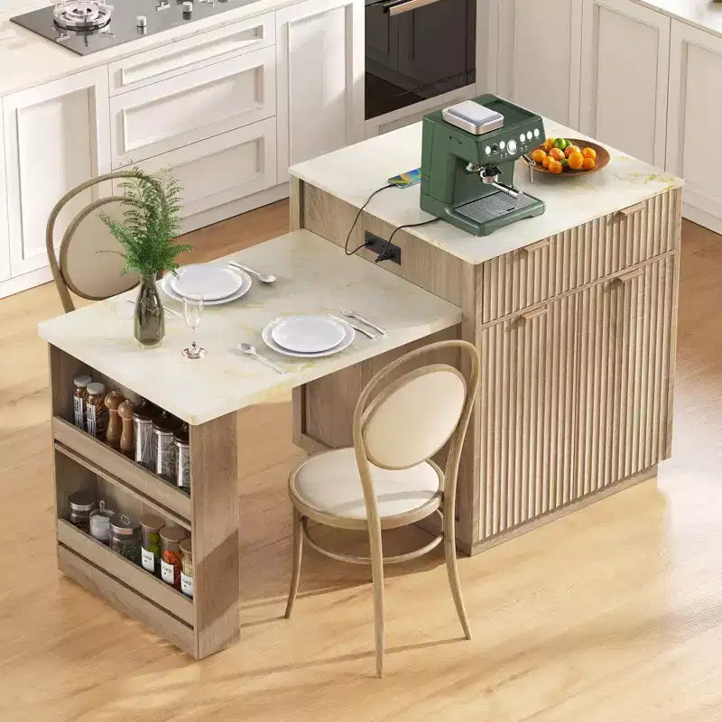 Okak Fluted Kitchen Island with Extendable Table, Countertop Organizer with Power Outlet and Double-Side Storage, Kitchen Cart for Dining Room