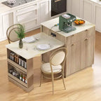 Okak Fluted Kitchen Island with Extendable Table, Countertop Organizer with Power Outlet and Double-Side Storage, Kitchen Cart for Dining Room
