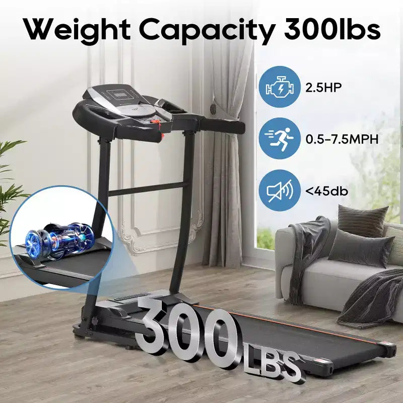 Tapis de Course Pliant pour la Maison avec Inclinaison et Capteur de Fréquence Cardiaque, Moteur Silencieux de 2,5 CV, Recharge USB, Machine de Course/Marche Portable, Capacité de 136 kg