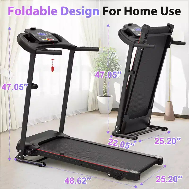 2.5HP Foldable Electric Treadmill with Incline, 12KM/H Speed, Heart Rate Sensor, Bluetooth Music, Cup Holder for Home Gym Fitness