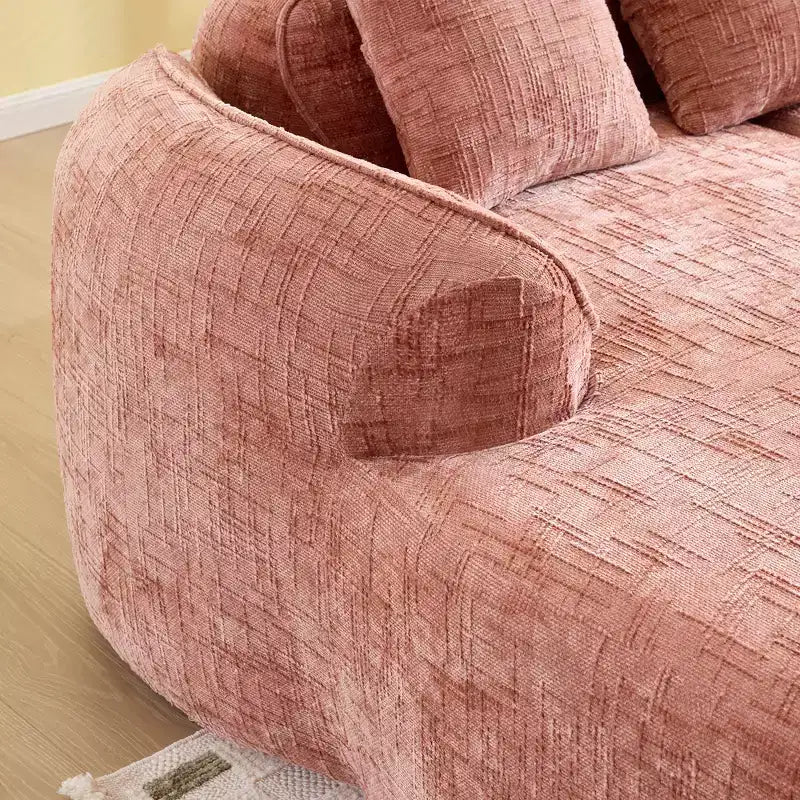 Canapé d'angle en chenille rose avec accoudoirs incurvés, 4 oreillers – Doux comme un nuage et astucieux