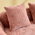 Canapé d'angle en chenille rose avec accoudoirs incurvés, 4 oreillers – Doux comme un nuage et astucieux