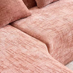 Canapé d'angle en chenille rose avec accoudoirs incurvés, 4 oreillers – Doux comme un nuage et astucieux