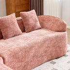 Canapé d'angle en chenille rose avec accoudoirs incurvés, 4 oreillers – Doux comme un nuage et astucieux
