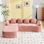Canapé d'angle en chenille rose avec accoudoirs incurvés, 4 oreillers – Doux comme un nuage et astucieux