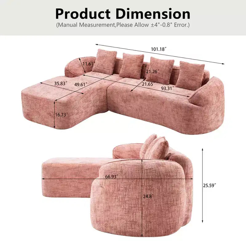 Canapé d'angle en chenille rose avec accoudoirs incurvés, 4 oreillers – Doux comme un nuage et astucieux