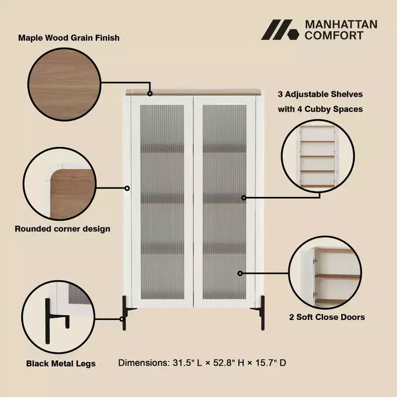 GDFStudio Biorn 31.5 Modern Tempered Glass Door Storage Cabinet with Tray Top