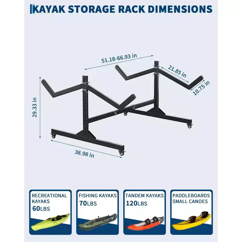 Support de rangement autonome pour 2 kayaks - Support réglable pour paddle/canoë avec roulettes verrouillables (gris, 48L x 24W) pour garage/quai/extérieur