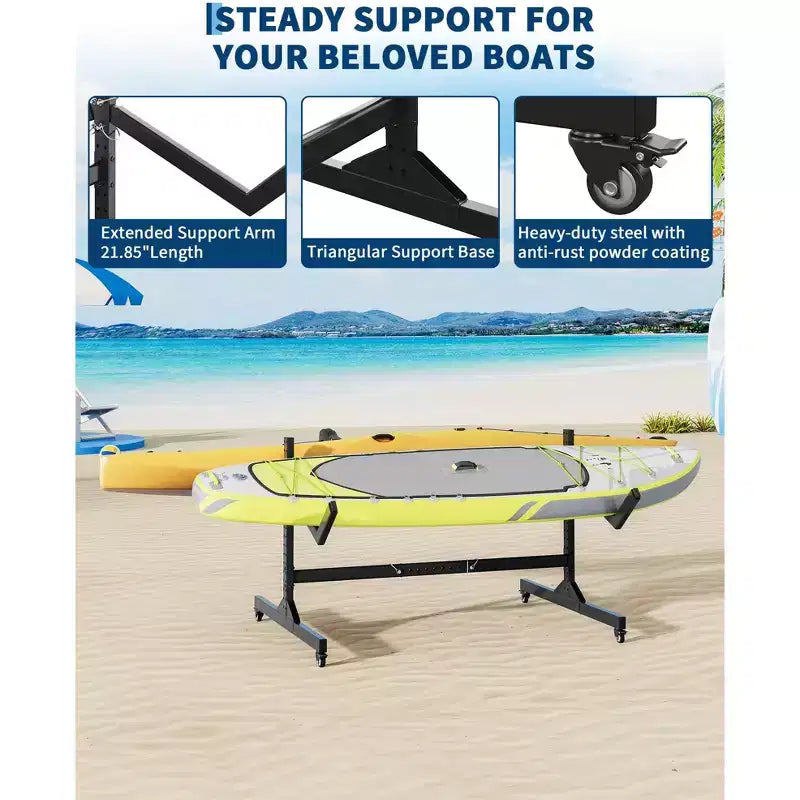 Support de rangement autonome pour 2 kayaks - Support réglable pour paddle/canoë avec roulettes verrouillables (gris, 48L x 24W) pour garage/quai/extérieur