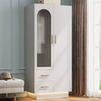 Bedroom Armoire Wardrobe Closet with Door & 2 Drawers, 71 Wood Wardrobe Storage Cabinet with LED, Hanging Rod, Freestanding Modern Armoire Closet