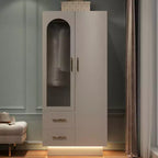 Bedroom Armoire Wardrobe Closet with Door & 2 Drawers, 71 Wood Wardrobe Storage Cabinet with LED, Hanging Rod, Freestanding Modern Armoire Closet